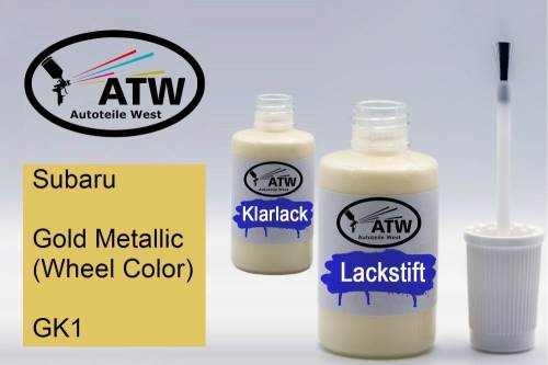 Subaru, Gold Metallic (Wheel Color), GK1: 20ml Lackstift + 20ml Klarlack - Set, von ATW Autoteile West.
